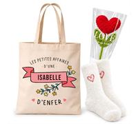 Planetee Coffret Cadeau Cocooning Isabelle | Tote Bag Coton, Chaussettes Douces Cœur, Fleur Cœur en Crochet | 3 Pièces | Femme Anniversaire Fête Noël Original