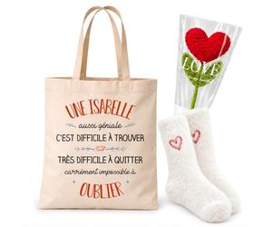 Planetee Coffret Cadeau Cocooning Isabelle | Tote Bag Coton, Chaussettes Douces Cœur, Fleur Cœur en Crochet | 3 Pièces | Femme Anniversaire Fête Noël Original