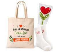 Planetee Coffret Cadeau Cocooning Jennifer | Tote Bag Coton, Chaussettes Douces Cœur, Fleur Cœur en Crochet | 3 Pièces | Femme Anniversaire Fête Noël Original