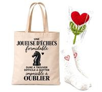 Planetee Coffret Cadeau Cocooning Joueuse d'Échecs Impossible à Oublier | Tote Bag Coton, Chaussettes Douces Cœur, Fleur Cœur en Crochet | 3 Pièces | Collègue Femme Départ Retraite Remerciement