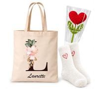 Planetee Coffret Cadeau Cocooning Laurette | Tote Bag Coton, Chaussettes Douces Cœur, Fleur Cœur en Crochet | 3 Pièces | Femme Anniversaire Fête Noël Original
