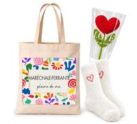 Planetee Coffret Cadeau Cocooning Maréchale Ferrante | Tote Bag Coton, Chaussettes Douces Cœur, Fleur Cœur en Crochet | 3 Pièces | Collègue Femme Départ Retraite Remerciement