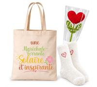 Planetee Coffret Cadeau Cocooning Maréchale Ferrante | Tote Bag Coton, Chaussettes Douces Cœur, Fleur Cœur en Crochet | 3 Pièces | Collègue Femme Départ Retraite Remerciement