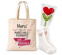 Planetee Coffret Cadeau Cocooning Maréchale Ferrante | Tote Bag Coton, Chaussettes Douces Cœur, Fleur Cœur en Crochet | 3 Pièces | Collègue Femme Départ Retraite Remerciement