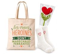 Planetee Coffret Cadeau Cocooning Maréchale Ferrante | Tote Bag Coton, Chaussettes Douces Cœur, Fleur Cœur en Crochet | 3 Pièces | Collègue Femme Départ Retraite Remerciement