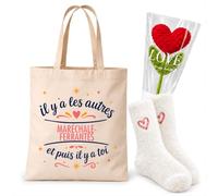 Planetee Coffret Cadeau Cocooning Maréchale Ferrante | Tote Bag Coton, Chaussettes Douces Cœur, Fleur Cœur en Crochet | 3 Pièces | Collègue Femme Départ Retraite Remerciement