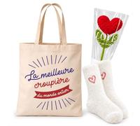 Planetee Coffret Cadeau Cocooning Meilleure Croupière du Monde | Tote Bag Coton, Chaussettes Douces Cœur, Fleur Cœur en Crochet | 3 Pièces | Collègue Femme Départ Retraite Remerciement