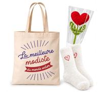 Planetee Coffret Cadeau Cocooning Meilleure Modiste du Monde | Tote Bag Coton, Chaussettes Douces Cœur, Fleur Cœur en Crochet | 3 Pièces | Collègue Femme Départ Retraite Remerciement