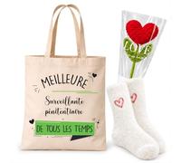 Planetee Coffret Cadeau Cocooning Meilleure Surveillante de Prison | Tote Bag Coton, Chaussettes Douces Cœur, Fleur Cœur en Crochet | 3 Pièces | Fin d'Année École Remerciement