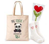 Planetee Coffret Cadeau Cocooning Pas Touche Propriété de Lili | Tote Bag Coton, Chaussettes Douces Cœur, Fleur Cœur en Crochet | 3 Pièces | Femme Anniversaire Fête Noël Original