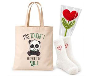Planetee Coffret Cadeau Cocooning Pas Touche Propriété de Lili | Tote Bag Coton, Chaussettes Douces Cœur, Fleur Cœur en Crochet | 3 Pièces | Femme Anniversaire Fête Noël Original