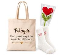 Planetee Coffret Cadeau Cocooning Potager une Passion | Tote Bag Coton, Chaussettes Douces Cœur, Fleur Cœur en Crochet | 3 Pièces | Femme Anniversaire Fête Noël Original