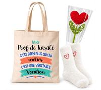 Planetee Coffret Cadeau Cocooning Prof de Karaté | Tote Bag Coton, Chaussettes Douces Cœur, Fleur Cœur en Crochet | 3 Pièces | Fin d'Année École Remerciement