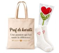 Planetee Coffret Cadeau Cocooning Prof de Karaté | Tote Bag Coton, Chaussettes Douces Cœur, Fleur Cœur en Crochet | 3 Pièces | Fin d'Année École Remerciement