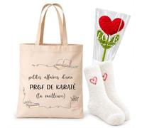 Planetee Coffret Cadeau Cocooning Prof de Karaté | Tote Bag Coton, Chaussettes Douces Cœur, Fleur Cœur en Crochet | 3 Pièces | Fin d'Année École Remerciement