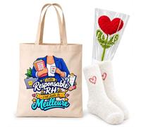 Planetee Coffret Cadeau Cocooning Responsable RH | Tote Bag Coton, Chaussettes Douces Cœur, Fleur Cœur en Crochet | 3 Pièces | Collègue Femme Départ Retraite Remerciement
