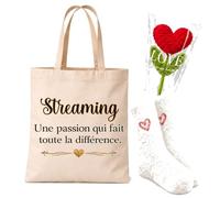 Planetee Coffret Cadeau Cocooning Streaming une Passion | Tote Bag Coton, Chaussettes Douces Cœur, Fleur Cœur en Crochet | 3 Pièces | Femme Anniversaire Fête Noël Original