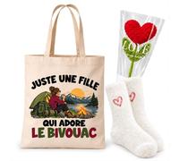 Planetee Coffret Cadeau Cocooning Une Fille qui Adore le Bivouac | Tote Bag Coton, Chaussettes Douces Cœur, Fleur Cœur en Crochet | 3 Pièces | Femme Passionné Humour Original Anniversaire