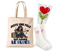 Planetee Coffret Cadeau Cocooning Une Fille qui Adore le Blues | Tote Bag Coton, Chaussettes Douces Cœur, Fleur Cœur en Crochet | 3 Pièces | Femme Passionné Humour Original Anniversaire