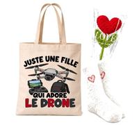 Planetee Coffret Cadeau Cocooning Une Fille qui Adore le Drone | Tote Bag Coton, Chaussettes Douces Cœur, Fleur Cœur en Crochet | 3 Pièces | Femme Passionné Humour Original Anniversaire