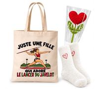 Planetee Coffret Cadeau Cocooning Une Fille qui Adore le Lancer du Javelot | Tote Bag Coton, Chaussettes Douces Cœur, Fleur Cœur en Crochet | 3 Pièces | Femme Passionné Humour Original Anniversaire