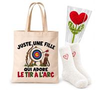 Planetee Coffret Cadeau Cocooning Une Fille qui Adore le Tir à l'Arc | Tote Bag Coton, Chaussettes Douces Cœur, Fleur Cœur en Crochet | 3 Pièces | Femme Passionné Humour Original Anniversaire