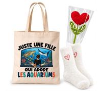 Planetee Coffret Cadeau Cocooning Une Fille qui Adore les Aquariums | Tote Bag Coton, Chaussettes Douces Cœur, Fleur Cœur en Crochet | 3 Pièces | Femme Passionné Humour Original Anniversaire