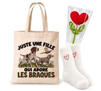 Planetee Coffret Cadeau Cocooning Une Fille qui Adore les Braques | Tote Bag Coton, Chaussettes Douces Cœur, Fleur Cœur en Crochet | 3 Pièces | Femme Passionné Humour Original Anniversaire