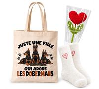 Planetee Coffret Cadeau Cocooning Une Fille qui Adore les Dobermans | Tote Bag Coton, Chaussettes Douces Cœur, Fleur Cœur en Crochet | 3 Pièces | Femme Passionné Humour Original Anniversaire