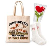 Planetee Coffret Cadeau Cocooning Une Fille qui Adore les Épagneuls Bretons | Tote Bag Coton, Chaussettes Douces Cœur, Fleur Cœur en Crochet | 3 Pièces | Femme Passionné Humour Original Anniversaire