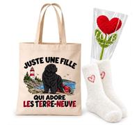 Planetee Coffret Cadeau Cocooning Une Fille qui Adore les Terre-Neuve | Tote Bag Coton, Chaussettes Douces Cœur, Fleur Cœur en Crochet | 3 Pièces | Femme Passionné Humour Original Anniversaire