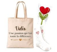 Planetee Coffret Cadeau Cocooning Vidéo une Passion | Tote Bag Coton, Chaussettes Douces Cœur, Fleur Cœur en Crochet | 3 Pièces | Femme Anniversaire Fête Noël Original
