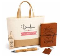 Planetee Coffret Cadeau Doudou en Vacances | Sac Cabas Coton et Jute 18 L, Carnet, Stylo Bambou, Porte-Clés, Marque-Page | 5 Pièces Gravées | Anniversaire Noël