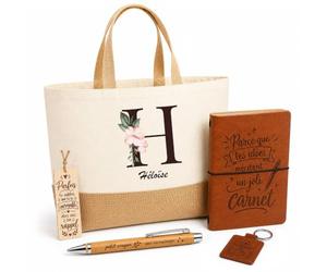 Planetee Coffret Cadeau Héloïse Lettre | Sac Cabas Coton et Jute 18 L, Carnet, Stylo Bambou, Porte-Clés, Marque-Page | 5 Pièces Gravées | Anniversaire Noël