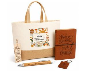Planetee Coffret Cadeau Ivan Exceptionnel | Sac Cabas Coton et Jute 18 L, Carnet, Stylo Bambou, Porte-Clés, Marque-Page | 5 Pièces Gravées | Anniversaire Noël