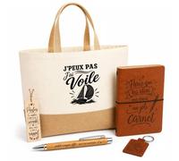 Planetee Coffret Cadeau J’peux pas j’ai Voile | Sac Cabas Coton et Jute 18 L, Carnet, Stylo Bambou, Porte-Clés, Marque-Page | 5 Pièces Gravées | Anniversaire Noël Navigateur Navigatrice