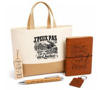 Planetee Coffret Cadeau J’peux pas je me barre au Québec | Sac Cabas Coton et Jute 18 L, Carnet, Stylo Bambou, Porte-Clés, Marque-Page | 5 Pièces Gravées | Anniversaire Noël Voyageur