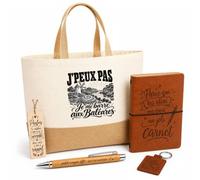 Planetee Coffret Cadeau J’peux pas je me barre aux Baléares | Sac Cabas Coton et Jute 18 L, Carnet, Stylo Bambou, Porte-Clés, Marque-Page | 5 Pièces Gravées | Anniversaire Noël Voyageur