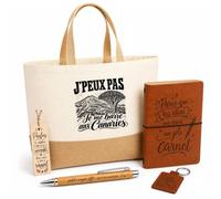 Planetee Coffret Cadeau J’peux pas je me barre aux Canaries | Sac Cabas Coton et Jute 18 L, Carnet, Stylo Bambou, Porte-Clés, Marque-Page | 5 Pièces Gravées | Anniversaire Noël Voyageur