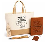 Planetee Coffret Cadeau J’peux pas je préfère les Hippopotames | Sac Cabas Coton et Jute 18 L, Carnet, Stylo Bambou, Porte-Clés, Marque-Page | 5 Pièces Gravées | Anniversaire Noël