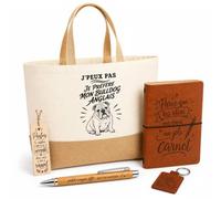 Planetee Coffret Cadeau J’peux pas je préfère mon Bulldog Anglais | Sac Cabas Coton et Jute 18 L, Carnet, Stylo Bambou, Porte-Clés, Marque-Page | 5 Pièces Gravées