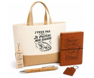 Planetee Coffret Cadeau J’peux pas je préfère mon Iguane | Sac Cabas Coton et Jute 18 L, Carnet, Stylo Bambou, Porte-Clés, Marque-Page | 5 Pièces Gravées | Anniversaire Noël