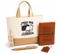 Planetee Coffret Cadeau J’peux pas je suis Commercial | Sac Cabas Coton et Jute 18 L, Carnet, Stylo Bambou, Porte-Clés, Marque-Page | 5 Pièces Gravées | Anniversaire Noël