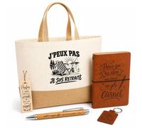 Planetee Coffret Cadeau J’peux pas je suis Retraité | Sac Cabas Coton et Jute 18 L, Carnet, Stylo Bambou, Porte-Clés, Marque-Page | 5 Pièces Gravées | Anniversaire Noël