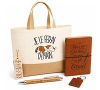 Planetee Coffret Cadeau Je le ferai demain - Pointer anglais | Sac Cabas Coton et Jute 18 L, Carnet, Stylo Bambou, Porte-Clés, Marque-Page | 5 Pièces Gravées | Anniversaire Noël | Flemme Paresseux