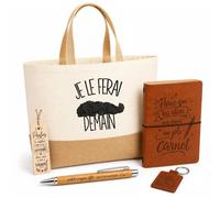 Planetee Coffret Cadeau Je le ferai demain - Terre-neuve | Sac Cabas Coton et Jute 18 L, Carnet, Stylo Bambou, Porte-Clés, Marque-Page | 5 Pièces Gravées | Anniversaire Noël | Humour Flemme Paresseux