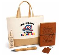 Planetee Coffret Cadeau Juste un gars qui adore le curling | Sac Cabas Coton et Jute 18 L, Carnet, Stylo Bambou, Porte-Clés, Marque-Page | 5 Pièces Gravées | Anniversaire Noël Joueur de Curling