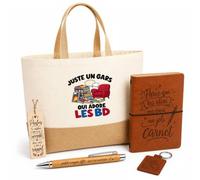 Planetee Coffret Cadeau Juste un gars qui adore les BD | Sac Cabas Coton et Jute 18 L, Carnet, Stylo Bambou, Porte-Clés, Marque-Page | 5 Pièces Gravées | Anniversaire Noël Bédéphile