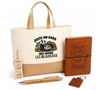 Planetee Coffret Cadeau Juste un gars qui adore les blaireaux | Sac Cabas Coton et Jute 18 L, Carnet, Stylo Bambou, Porte-Clés, Marque-Page | 5 Pièces Gravées | Anniversaire Noël Amoureux des Animaux