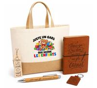 Planetee Coffret Cadeau Juste un gars qui adore les enfants | Sac Cabas Coton et Jute 18 L, Carnet, Stylo Bambou, Porte-Clés, Marque-Page | 5 Pièces Gravées | Anniversaire Noël Papa